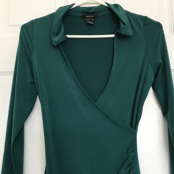 FOREVER 21 Collar Up V-Neck Wrap Bodycon Dress XS Royal Green Long Sleeve - Picture 3 of 12